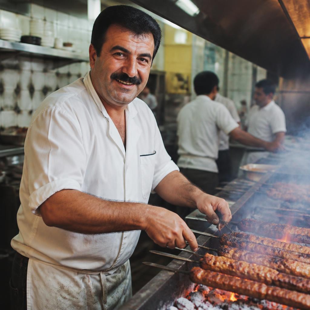 Chef grilling fresh kabob skewers over glowing charcoal