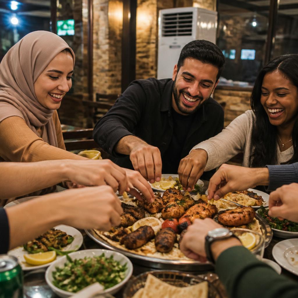 Friends sharing a grilled meat platter and laughing