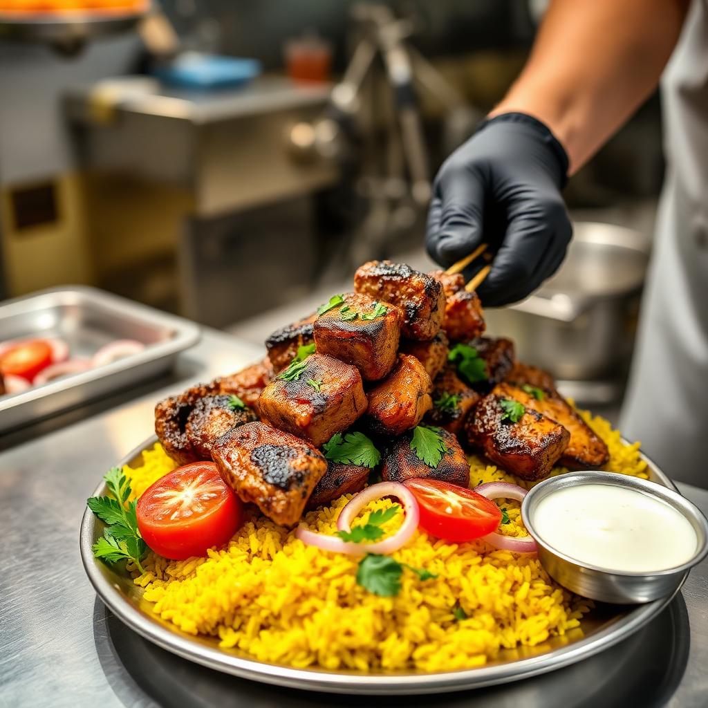 Chef carefully plating a grilled kabob and rice dish