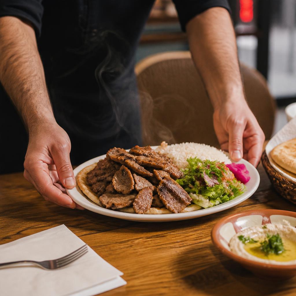 Server placing a fresh beef shawarma plate on the table