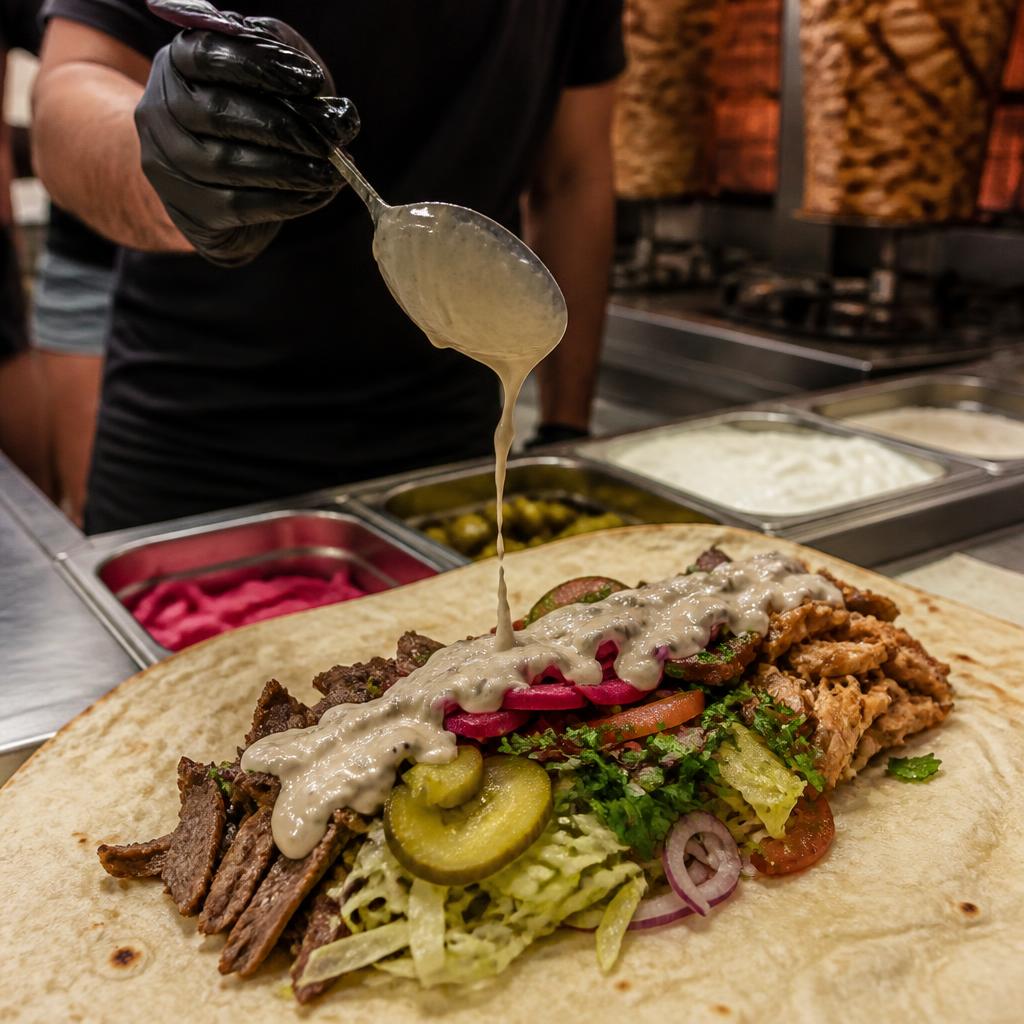 Fresh shawarma wrap being topped with garlic sauce